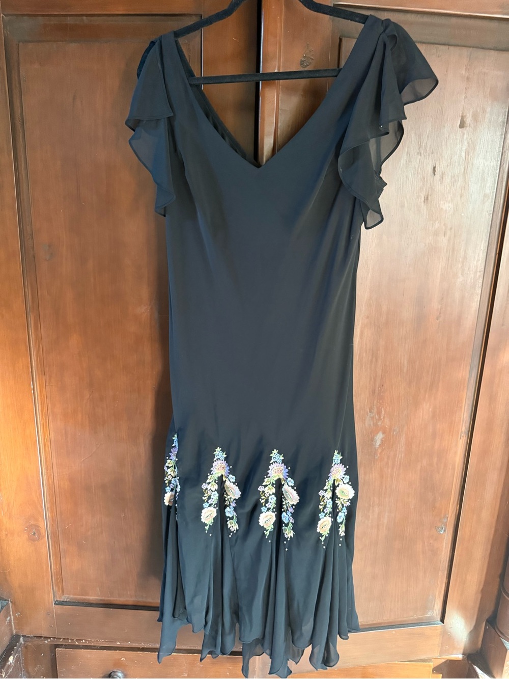Black Floral Embroidered and Beaded Ruffle Sleeve Dress